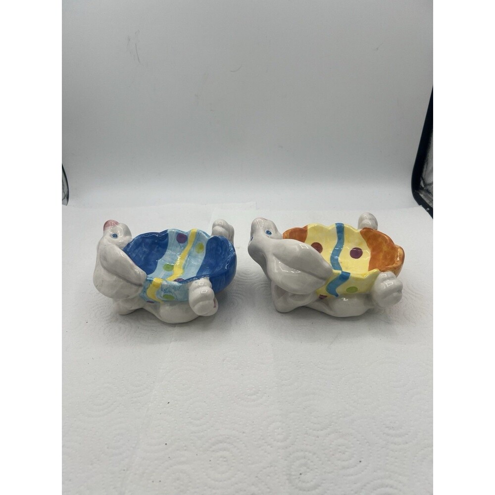 2 Colorful Easter Bunny White Rabbit Ceramic Soap Trinket Dish Tray Easter Egg
